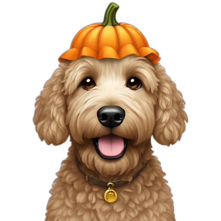 Black golden doodle wearing a pumpkin hat emoji