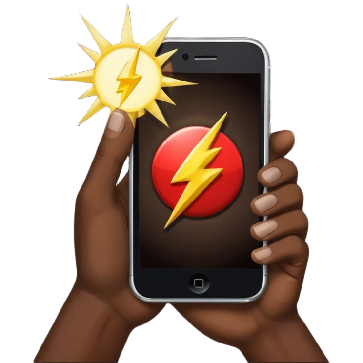 African American hand holding iPhone with flash on emoji