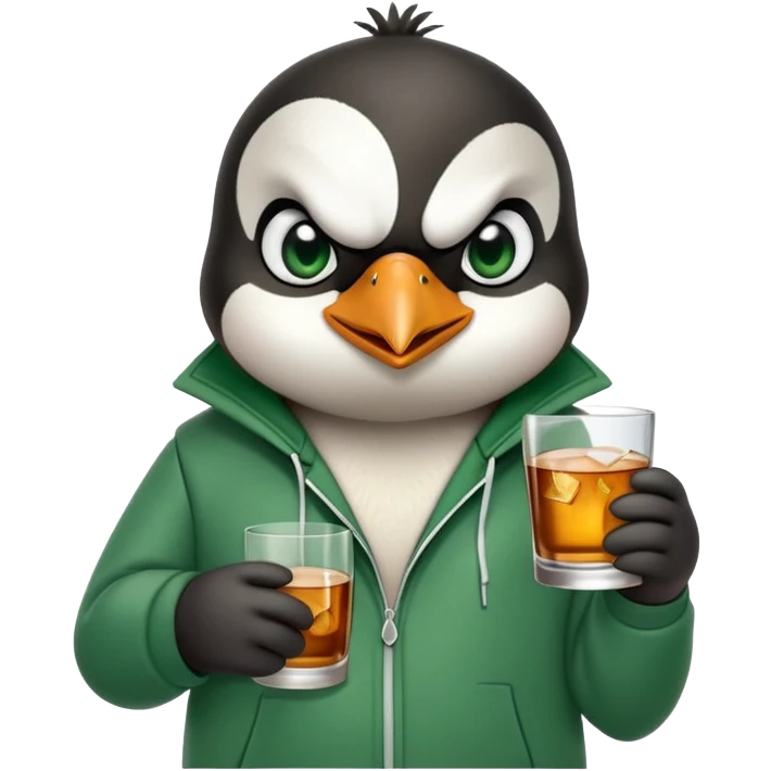 head and shoulders portrait of a friendly anthropomorphised penguin wearing a green mafia-style tracksuit, angry intense brooding expression, holding a glass of whiskey emoji