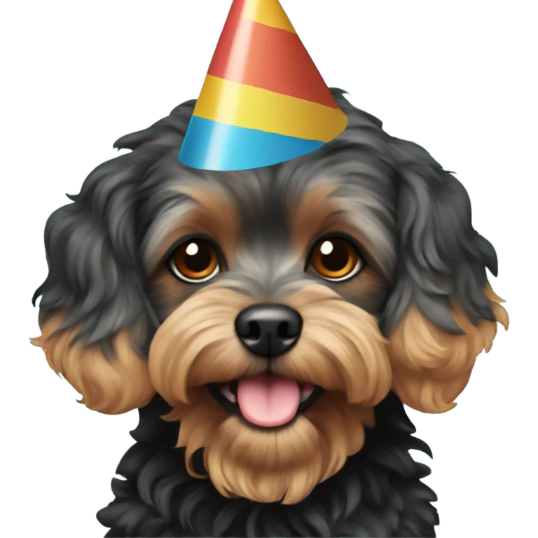 Black fur Cavapoo with birthday hat emoji