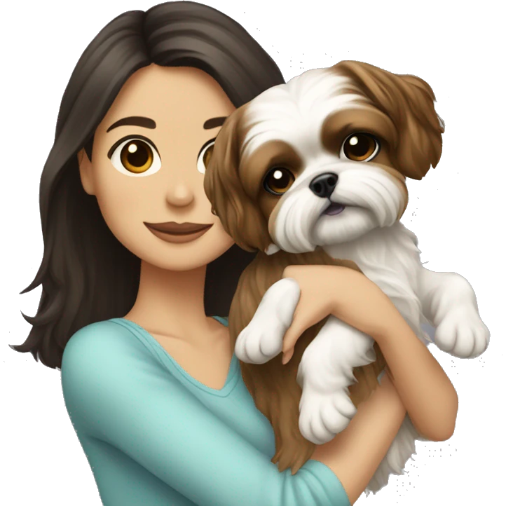 Young dark brunette hair woman with a golden shih tzu in her arms long hair emoji