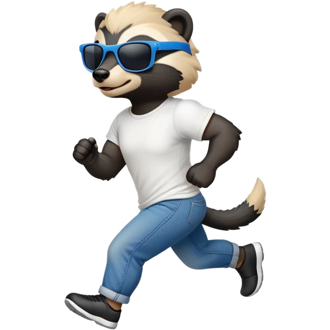 friendly anthropomorphised honey badger in jeans and a t-shirt, wearing sunglasses, jogging upright, standard pose emoji