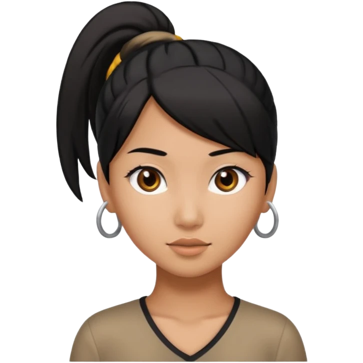 very tan Asian girl with black hair in a ponytail, dark brown eyes emoji