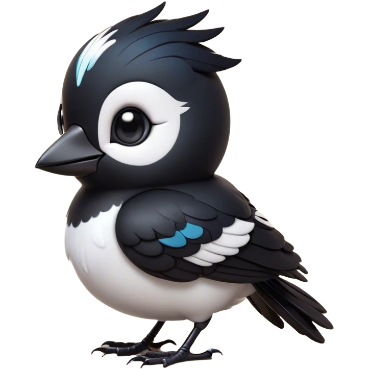 Cinematic Cute Magpie Portrait Emoji, Head tilted playfully and inquisitively, featuring a compact, elegant form with glossy, contrasting black and white feathers and round, sparkling eyes full of playful charm, Simplified yet irresistibly adorable features, highly detailed, glowing with a warm, inviting glow, high shine, affectionate and lively, stylized with a touch of whimsical urban flair, soft glowing outline, capturing the essence of a mischievous yet endearing magpie that seems as if it could flit out of the screen into your arms! emoji