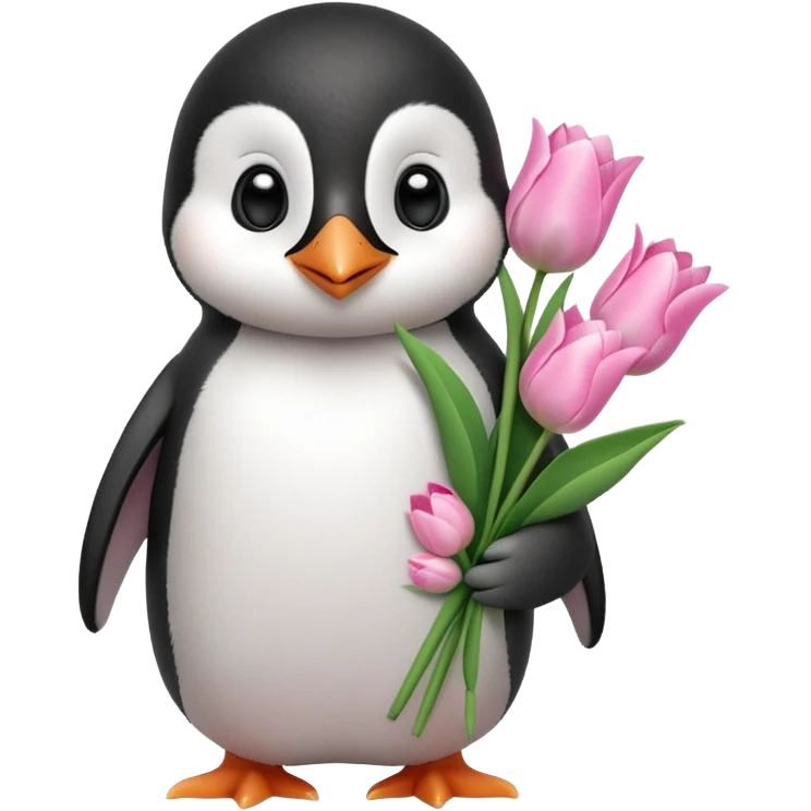Cute baby penguin holding flower bouquet wraped in white paper and all flowers tulips in pink colour emoji