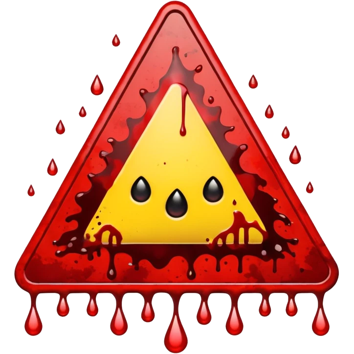 A triangular danger  and a bright yellow background. In the center, a dark red blood splatter spreads outward, with a few drops dripping down the sign. The design gives a wild, intense, and dangerous vibe, as if warning of something violent or hazardous. emoji