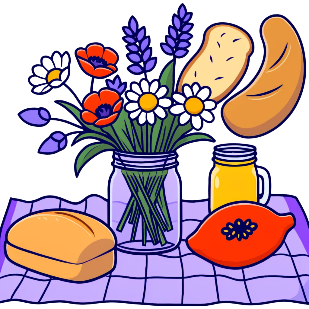 wildflower bouquet with daisies, poppies and lavender arranged in a mason jar on a picnic blanket with bread and fruit emoji
