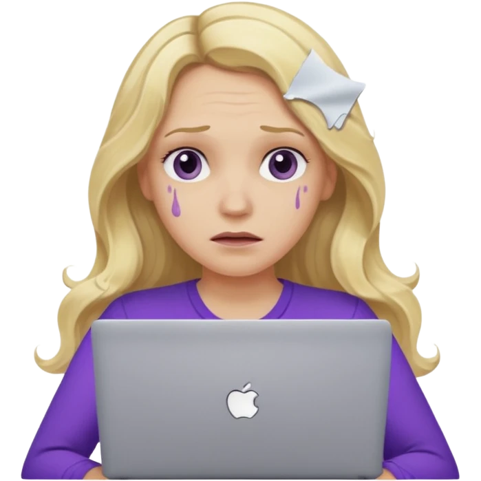 lady with long blonde wavy hair, purple top throwing her with a laptop looking defeated emoji