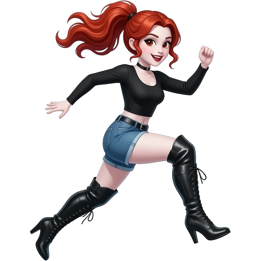 Vampiro femmina ADOLESCENTE con pelle bianca e capelli rosso ondulati lunghi raccolti in una mezza coda che indossa dei jeans corti un top nero con maniche lunghe e degli stivali lunghi con tacco che si butta in MARE emoji