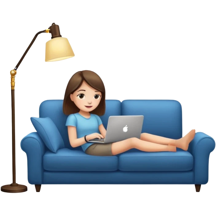 A girl is working with a laptop while lying on a sofa, with a floor lamp to the right. emoji