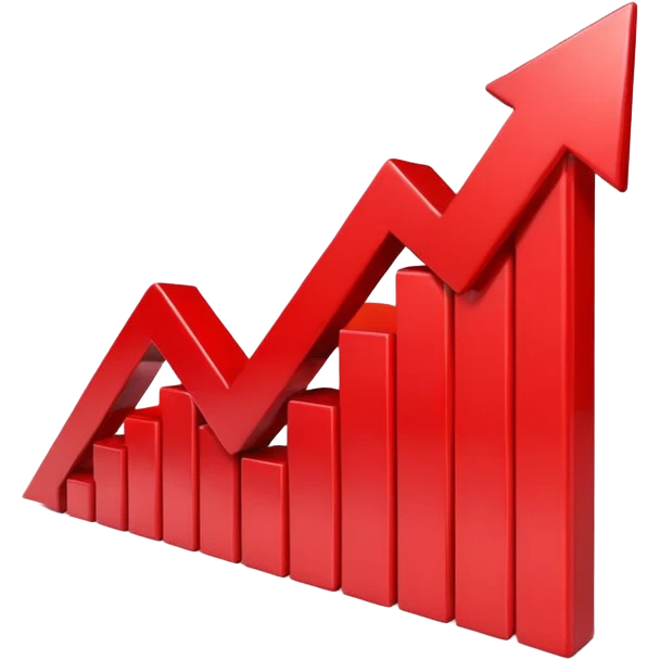 iOS-style 3D emoji: rising red chart with an upward-pointing arrow emoji