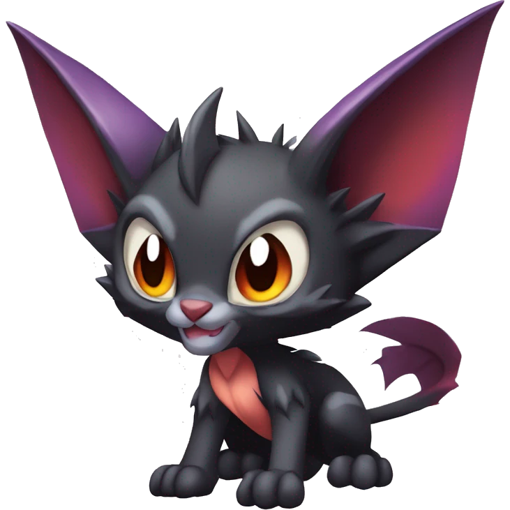 Black cool vampiric Noivern-Litten-Lykoi-Caracal-Fakemon with big bat ears full-body emoji