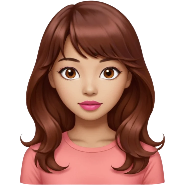 gorgeous woman, light tan skin, dark brown eyes, very long wavy auburn hair, bangs, pink top, coral lipstick, cool, model, mixed asian and latina emoji