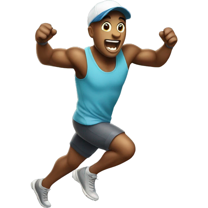 Man running with a baseball cap on and cheering as he runs emoji