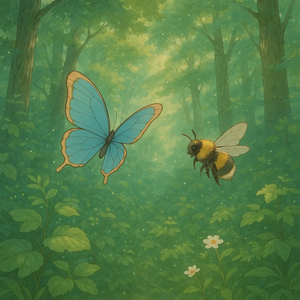 ghibli style butterfly and bee in a lush forest, soft colors, magical atmosphere emoji