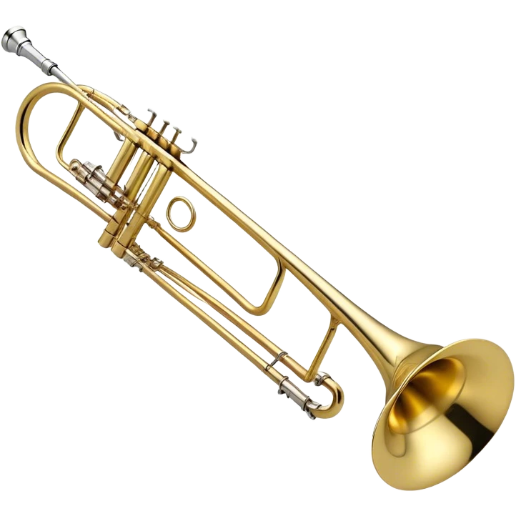 Create an elegant and detailed emoji representing the Bach Bb/F tenor trombone. The design should feature the smooth, shiny brass body of the trombone, showcasing its large, flared bell and curved tubing. Highlight the tuning slide with its polished metal finish, and the mouthpiece should be clearly visible. The trombone’s surface should have a gleaming brass tone with subtle silver accents around the mouthpiece and slide. Add a few musical notes or soundwaves emanating from the bell to emphasize the powerful sound of the trombone. Use golden and brass tones with reflective light effects to enhance the trombone’s professional and high-quality appearance. The background should be transparent. emoji