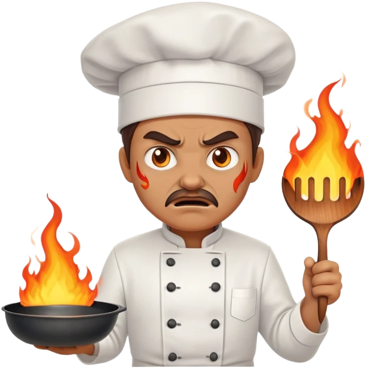 angry chef with flames in eyes, confidently crossing two frying pans across chest emoji