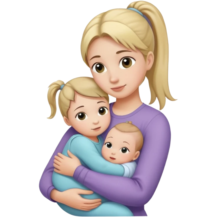 Big sister with ponytail carefully holding newborn baby while hugging younger sister emoji