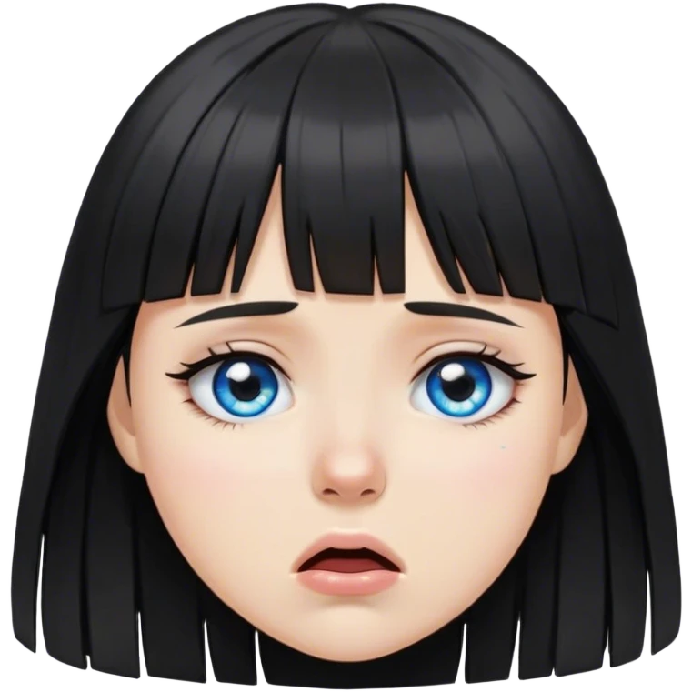 Girl crying wearing black with black medium length hair with bangs and blue eyes emoji