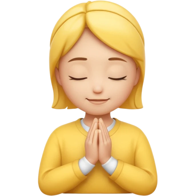 A 3D Apple-style yellow round emoji, calm and patient expression, closed eyes with a gentle smile, hands together in front as if waiting or praying, soft relaxed eyebrows, subtle glow around the head to symbolize patience, clean minimal background emoji