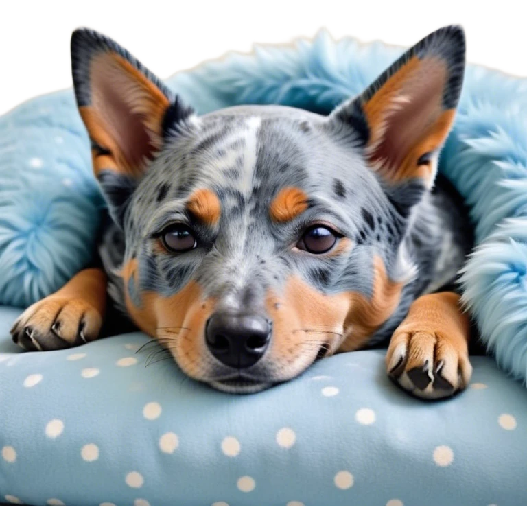 Meme-Worthy Cute Sleeping Blue Speckle Australian Cattle Dog Portrait Emoji, Head resting peacefully with a contented smile, showcasing a robust build and a luxuriously soft blue speckle Fur, eyes shut in a serene nap, Simplified yet hilariously adorable features, highly detailed, glowing with a soft, drowsy light, high shine, relaxed and utterly lovable, stylized with an air of playful laziness, bright and heartwarming, soft glowing outline, capturing the essence of a comically sleepy herder, so meme-worthy it feels like it could instantly become the next viral sensation of adorable slumber! emoji