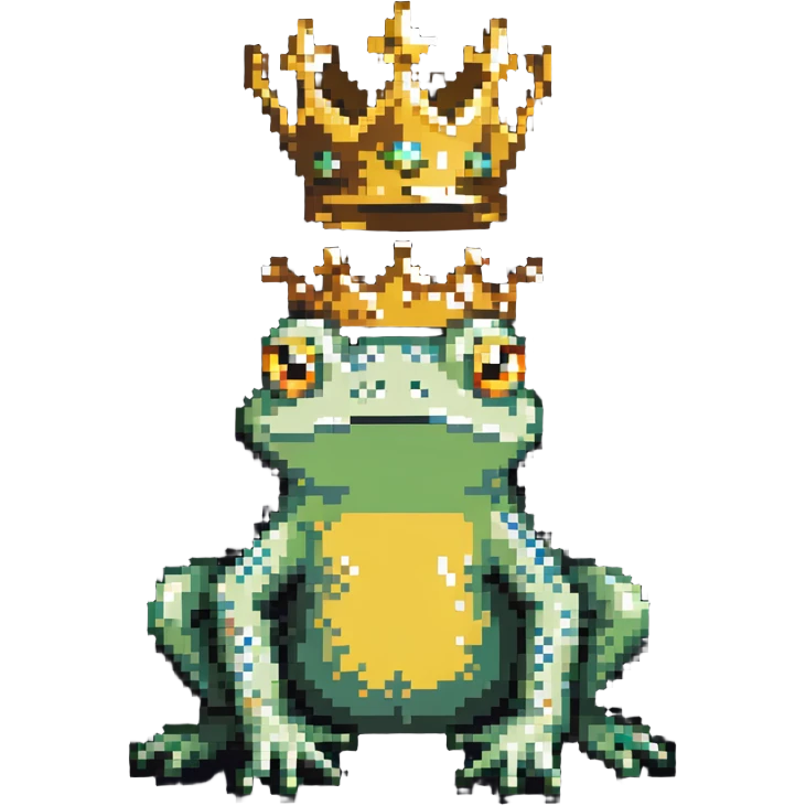 frog wearing a golden crown, sitting, pixel art style emoji
