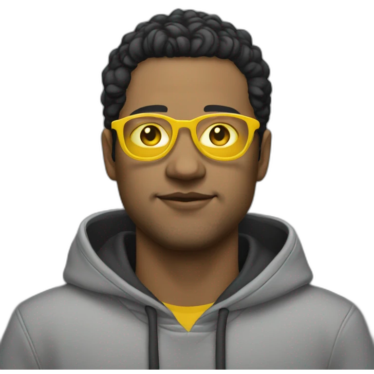 White man with yellow tinted glasses and black hair in a gray hoodie emoji