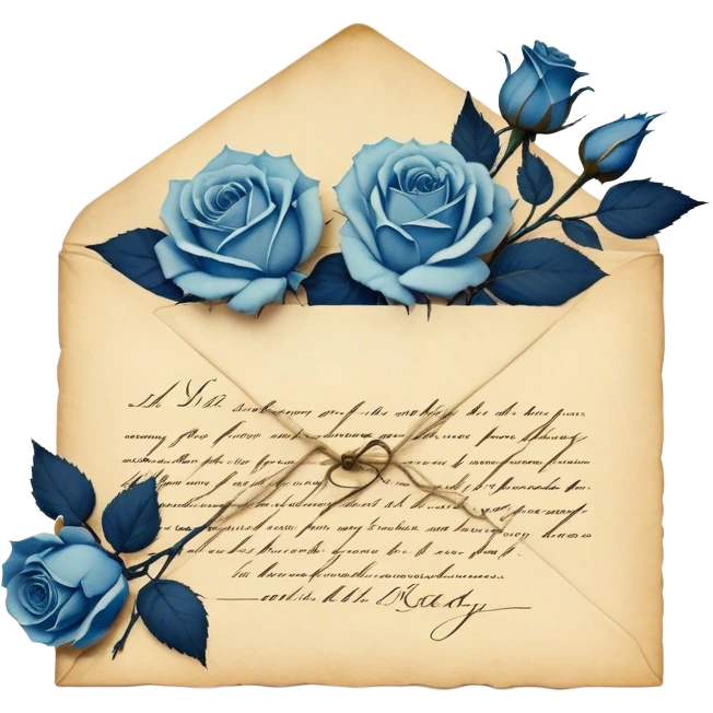 An antique handwritten letter with dried light blue roses and a navy wax seal, vintage aesthetic. emoji