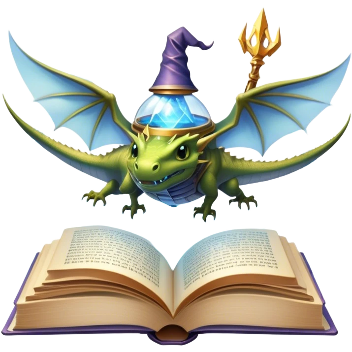 Icon for Fantasy and Sci-Fi Reading: an open book with magical creatures like dragons and fairies flying out, with a futuristic spaceship in the sky and a wizard casting spells. The icon should represent the magic and adventure of fantasy and science fiction worlds. Transparent background. emoji