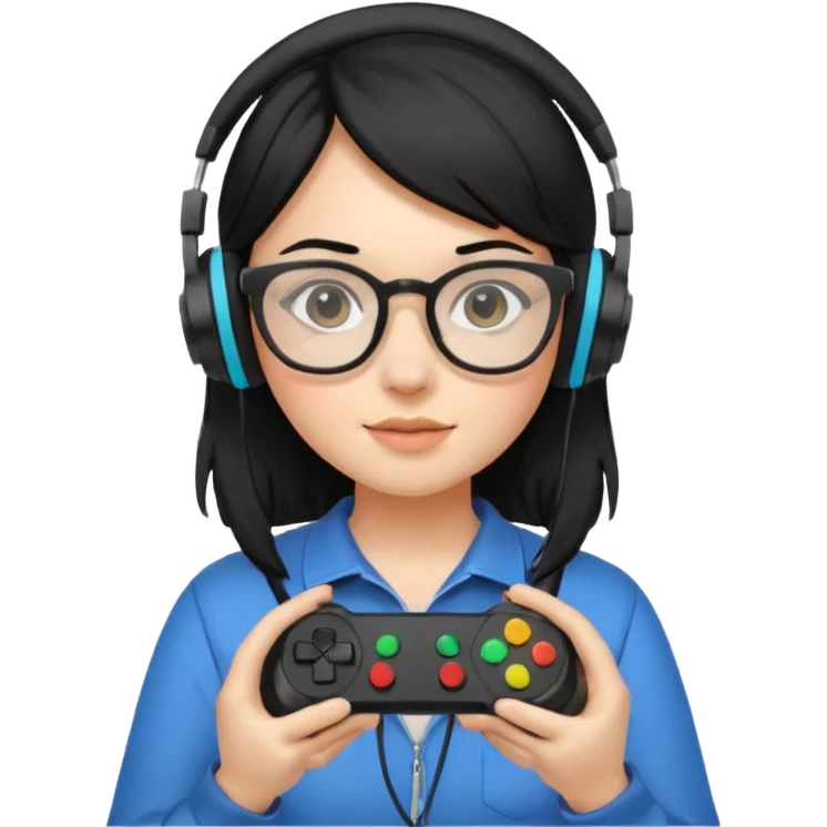 
gamer, black hair girl with glasses, headphone, gamepad emoji