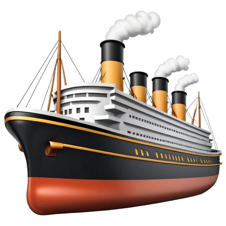 3D Apple-style emoji of the Titanic ship with simplified shapes, cartoon-like look, glossy finish, soft shadows, white background, featuring four smokestacks, black hull, and white upper decks, recognizable key features emoji