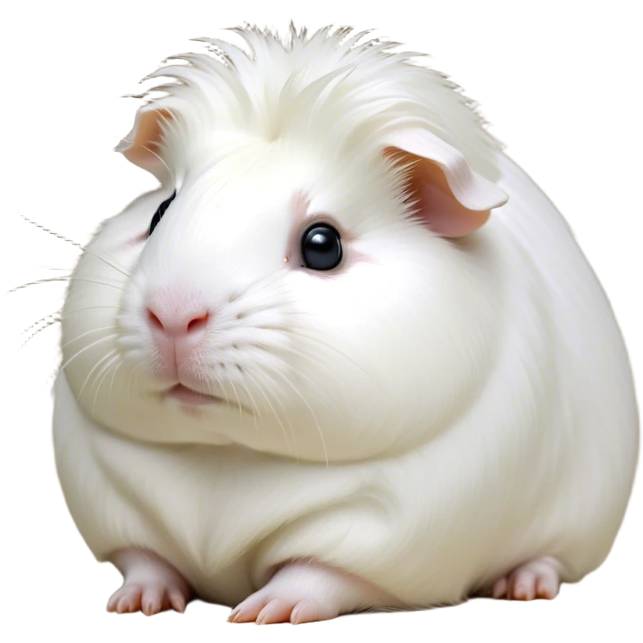 Cinematic Noble White Guinea Pig Portrait Emoji, Poised and regal, with a compact, chubby build and a pristine, well-groomed pure white coat, deep-set soulful dark eyes, Simplified yet sharp and sophisticated features, highly detailed, glowing with a soft, dignified glow, high shine, intelligent and sweet, stylized with an air of gentle purity, focused and attentive, soft glowing outline, capturing the essence of a watchful and confident little companion, so majestic it feels as though it could scurry out of the screen with effortless authority! emoji