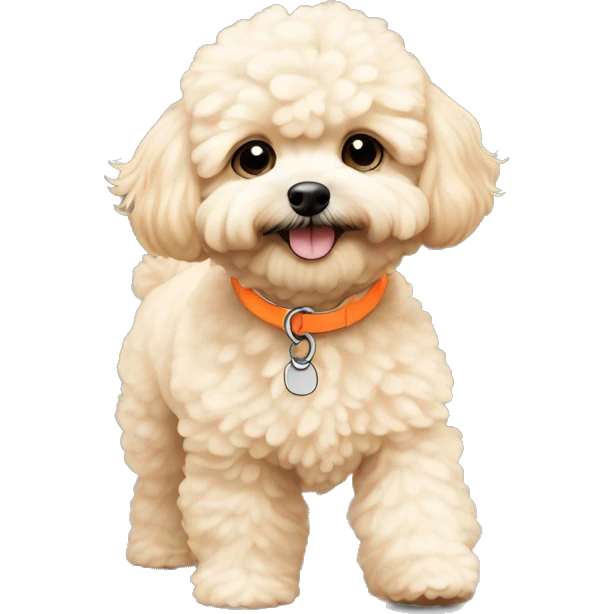 Cream color maltipoo walking wearing neon orange shoes visible 4 of them emoji