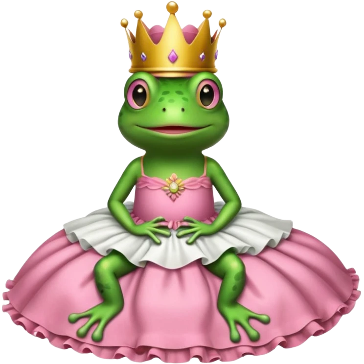 Brown bed with white sheets and a pink comforter.  In the bed sits a frog in a frilly little pink dress, wearing a crown and sitting like a frog would normally sit. emoji