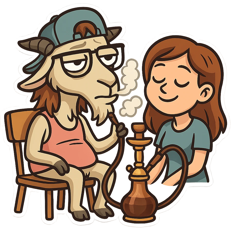 goat for Telegram stickers inspired by reference https://attic.sh/feoducyurkpqwz0la088soao98sx: wearing a cap, glasses, mullet hairstyle, pink drunkard tank top, sitting on a chair, smoking hooka with a girl https://i.ytimg.com/vi/x9PRt8xgy7Y/hqdefault.jpg . transparent background  emoji