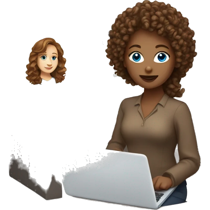 White women with the brown curly hair and blue eyes work at the laptop  emoji