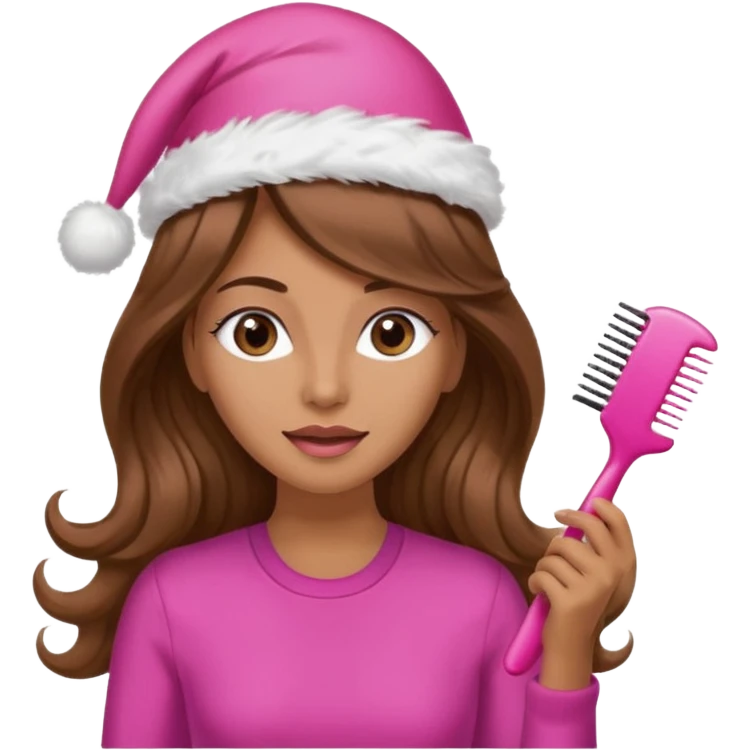 mujer peinandose en la peluqueria y con un gorro de navidad rosado, cabello largo café y ondulado emoji