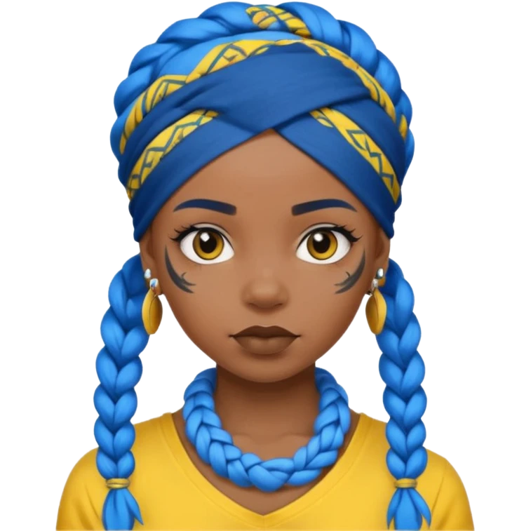 blue braided hair with yellow head bandana and lots of face tattoo black skin girl emoji