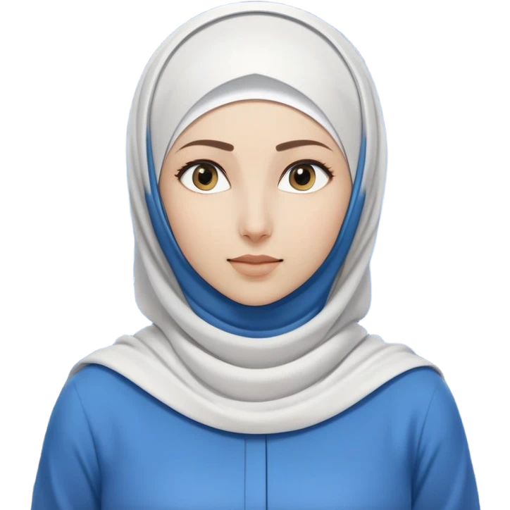 woman with white hijab wearing blue outfit, looking straight ahead, surrounded by code snippets, algorithms, data structures, programming languages, command terminals, software architecture diagrams, computer science formulas, and futuristic tech interfaces emoji