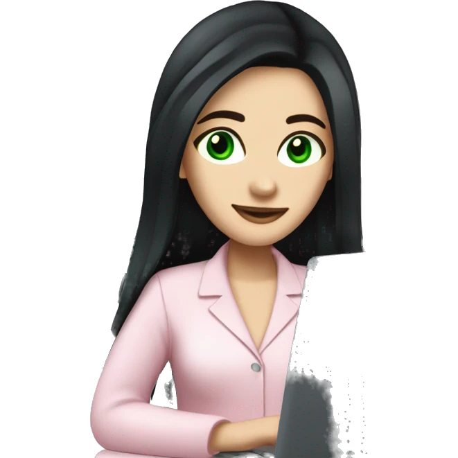 A pretty white girl with very long black hair and green eyes working on the computer in a light pink work attire emoji