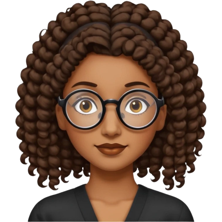 chica morena de ojos claros con gafas negras exagonales redondeadas. y pelo rizado castaño con todo el pelo recogido en una coleta .. Con todo el pelo recogido un clen look solamente una coleta emoji