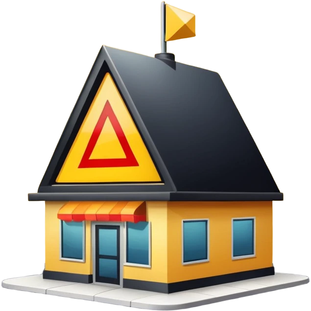 restaurant building with yellow warning triangle sign, caution emoji