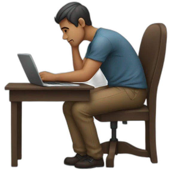 a man with a bad posture sitting on a cahir and using his laptop emoji
