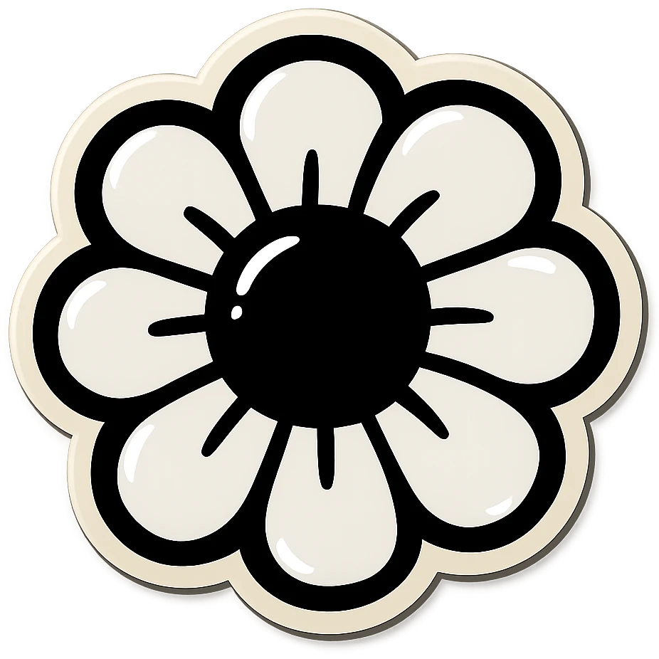 black and white flower with bold outlines, retro sticker style, no color emoji