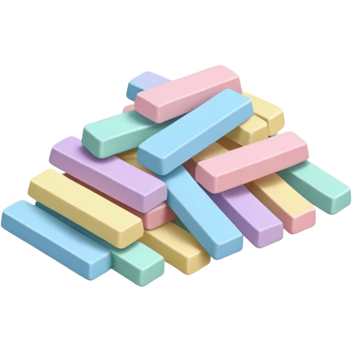small pile of pastel-colored rectangular gum sticks or square tablets with smooth, slightly glossy coating, uniform pieces, neatly stacked or gently scattered, no wrapper, no mouth, no extras, just the gum, soft lighting, subtle shadows, emoji scale emoji