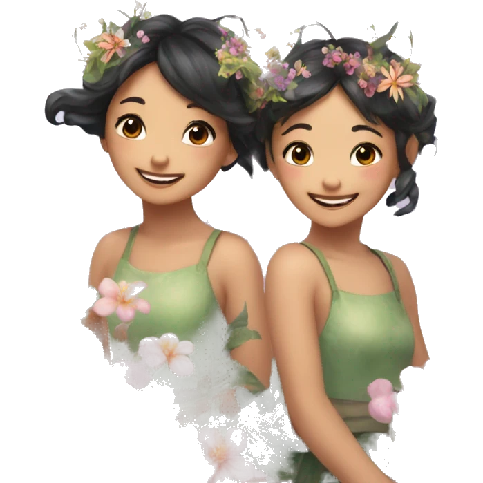 two fairies flying, beautiful, flowers in hair, smiling, aesthetic,asian girls emoji