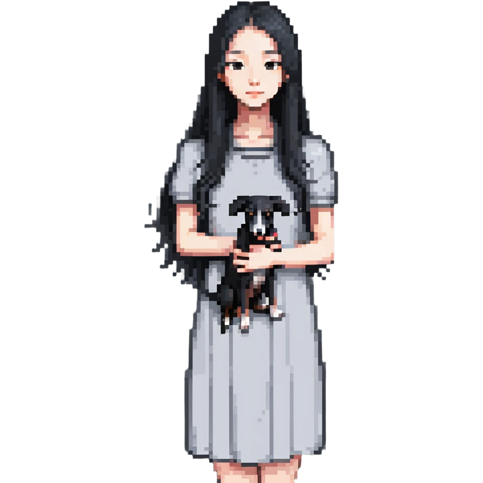 Slim Chinese girl with long black hair holding completely solid grey Italian greyhound with absolutely no white markings anywhere emoji