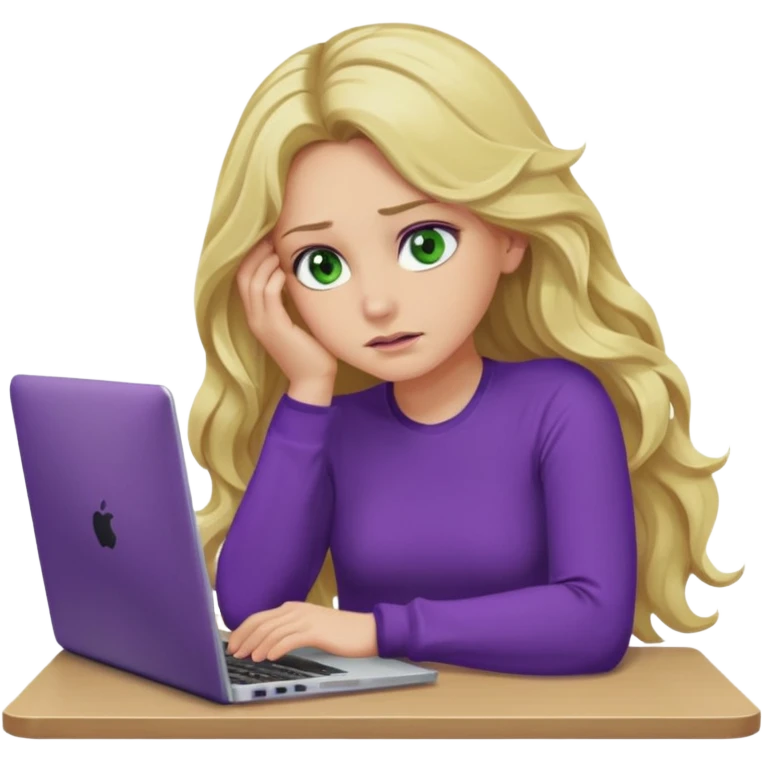 lady with long blonde wavy hair, purple top, green eyes,one elbow one desk hand on face with a laptop looking defeated emoji