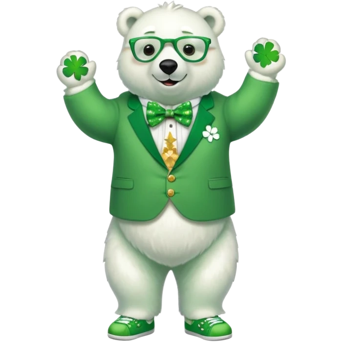 full body friendly anthropomorphised polar bear smiling, wearing large multicolored star-shaped glasses, green bow tie, shamrock pin, festive green shirt, green trainers, St. Patrick's Day emoji