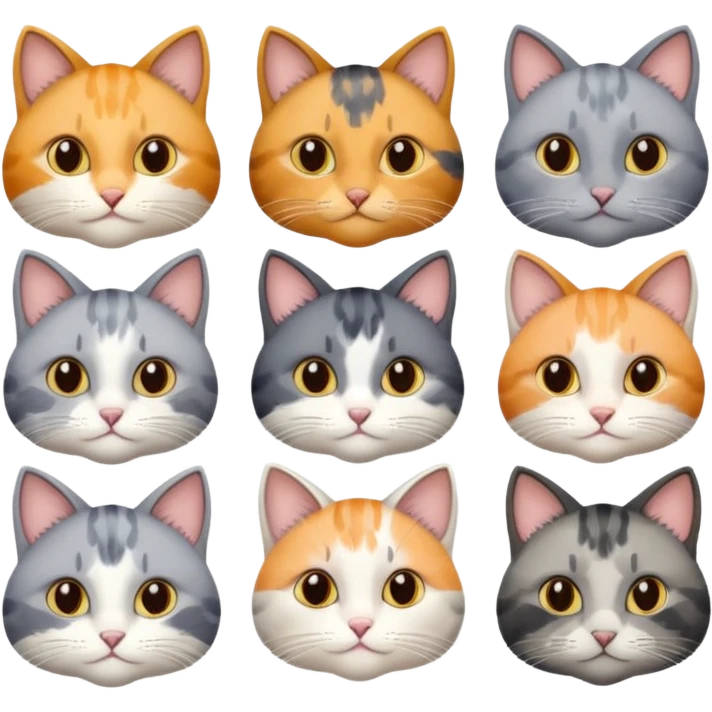 6 realistic looking cats with different natural coloured coats, assorted grey and white, greys, calico colours etc
 emoji